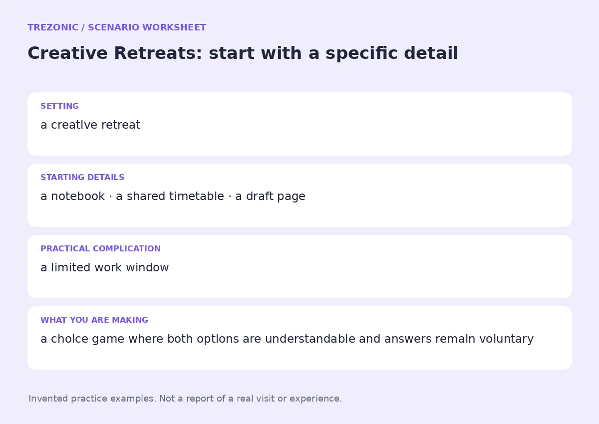 Practice worksheet for Creative Retreats: setting, starting details, complication and goal
