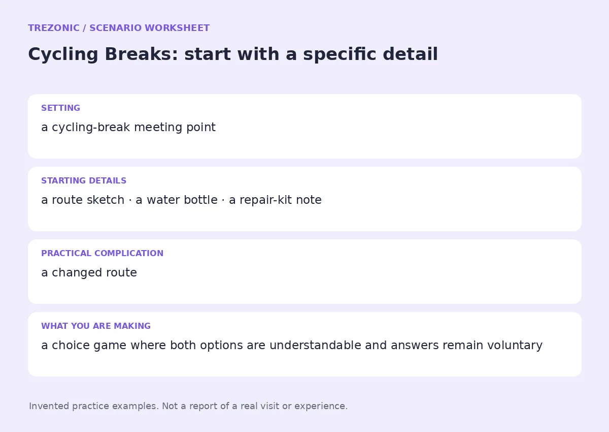 Practice worksheet for Cycling Breaks: setting, starting details, complication and goal