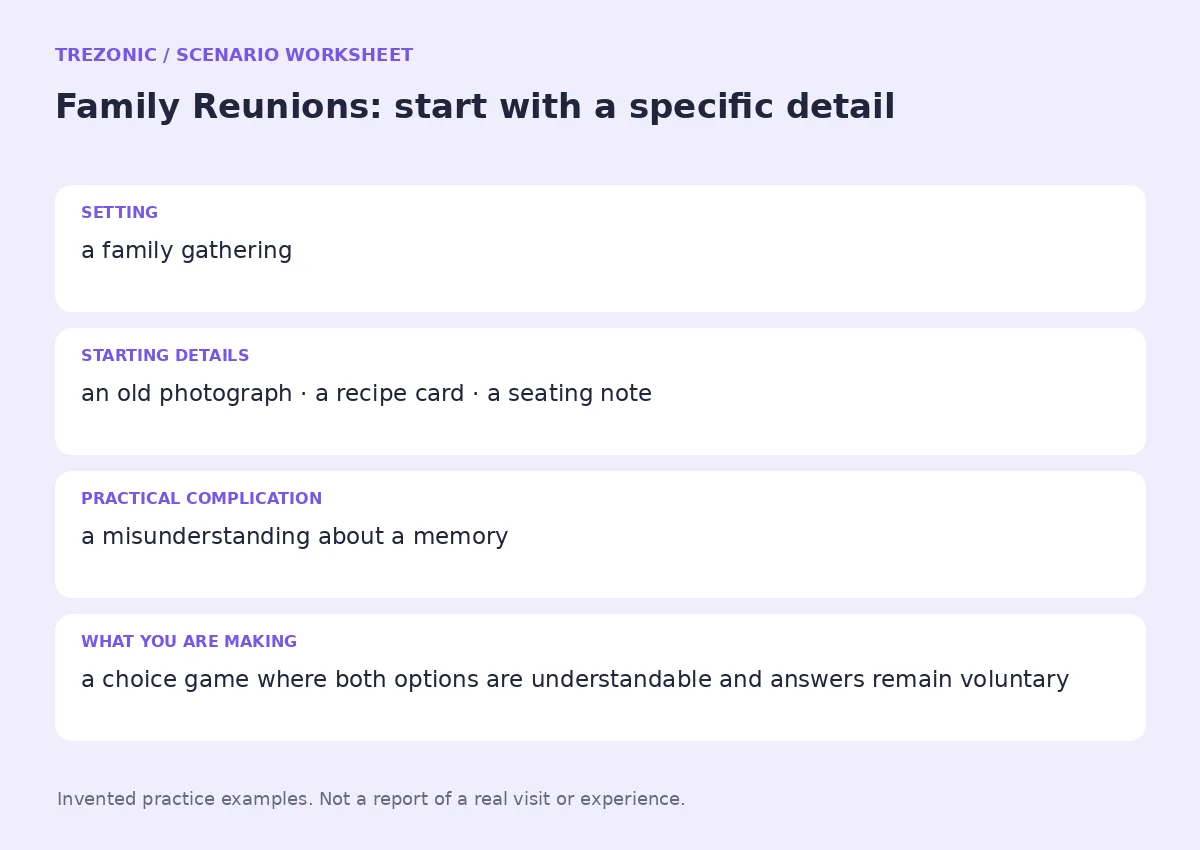 Practice worksheet for Family Reunions: setting, starting details, complication and goal