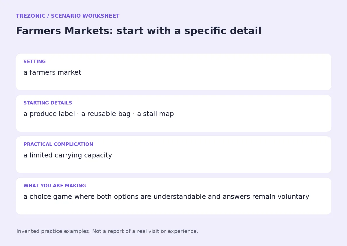 Practice worksheet for Farmers Markets: setting, starting details, complication and goal