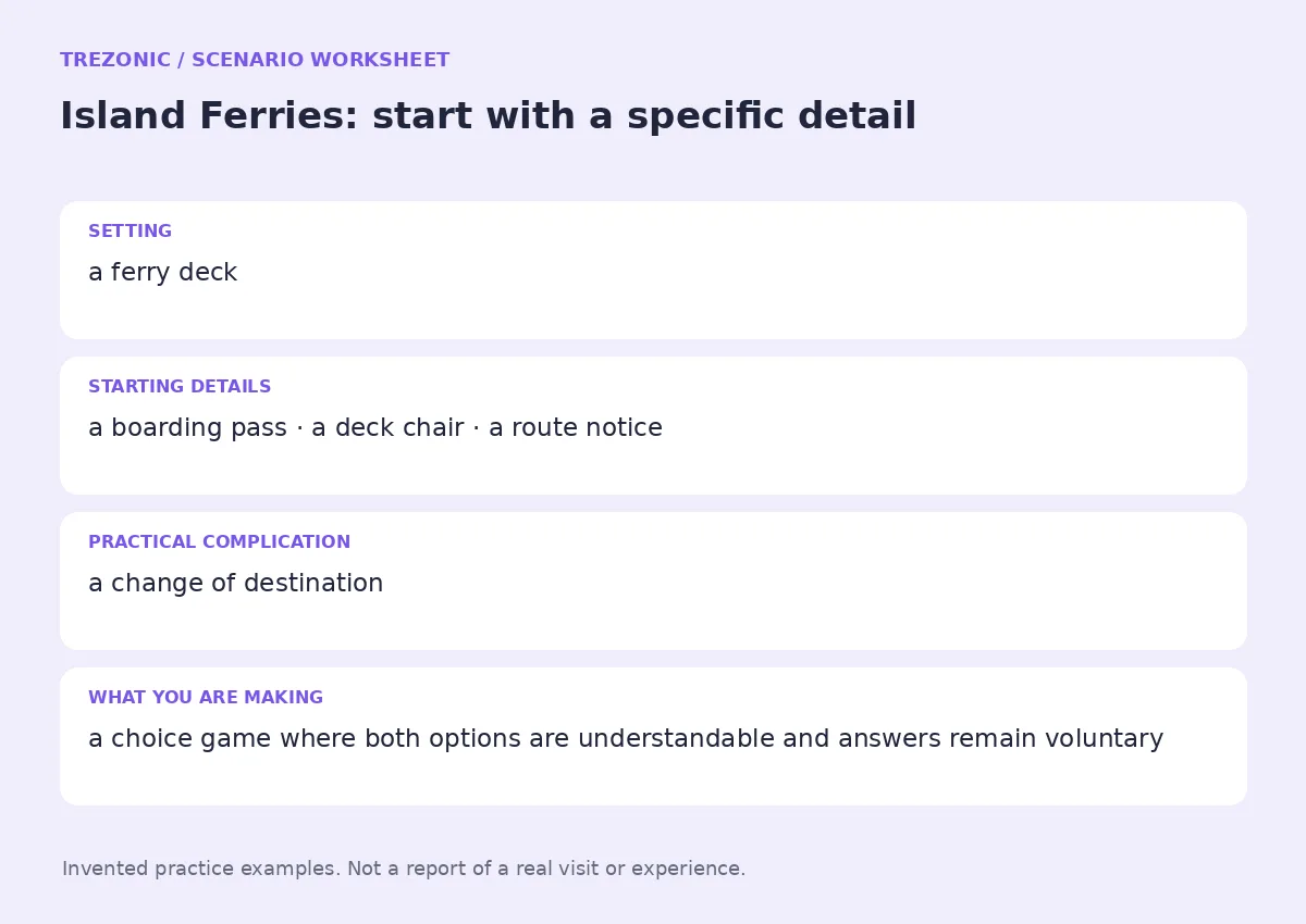 Practice worksheet for Island Ferries: setting, starting details, complication and goal
