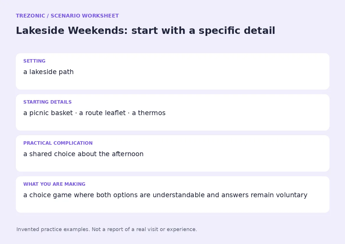Practice worksheet for Lakeside Weekends: setting, starting details, complication and goal
