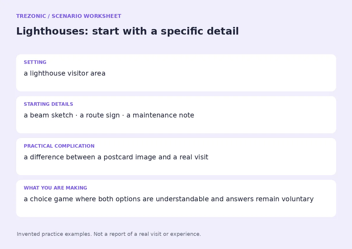 Practice worksheet for Lighthouses: setting, starting details, complication and goal