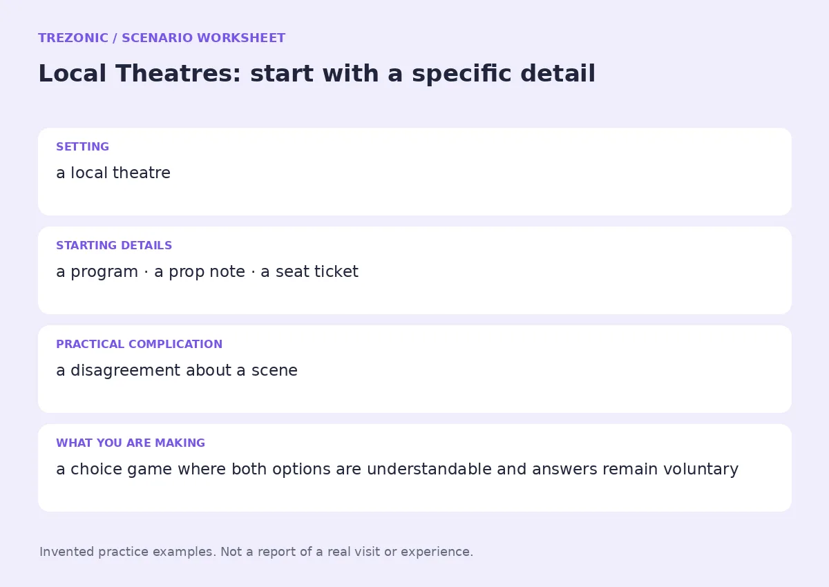 Practice worksheet for Local Theatres: setting, starting details, complication and goal