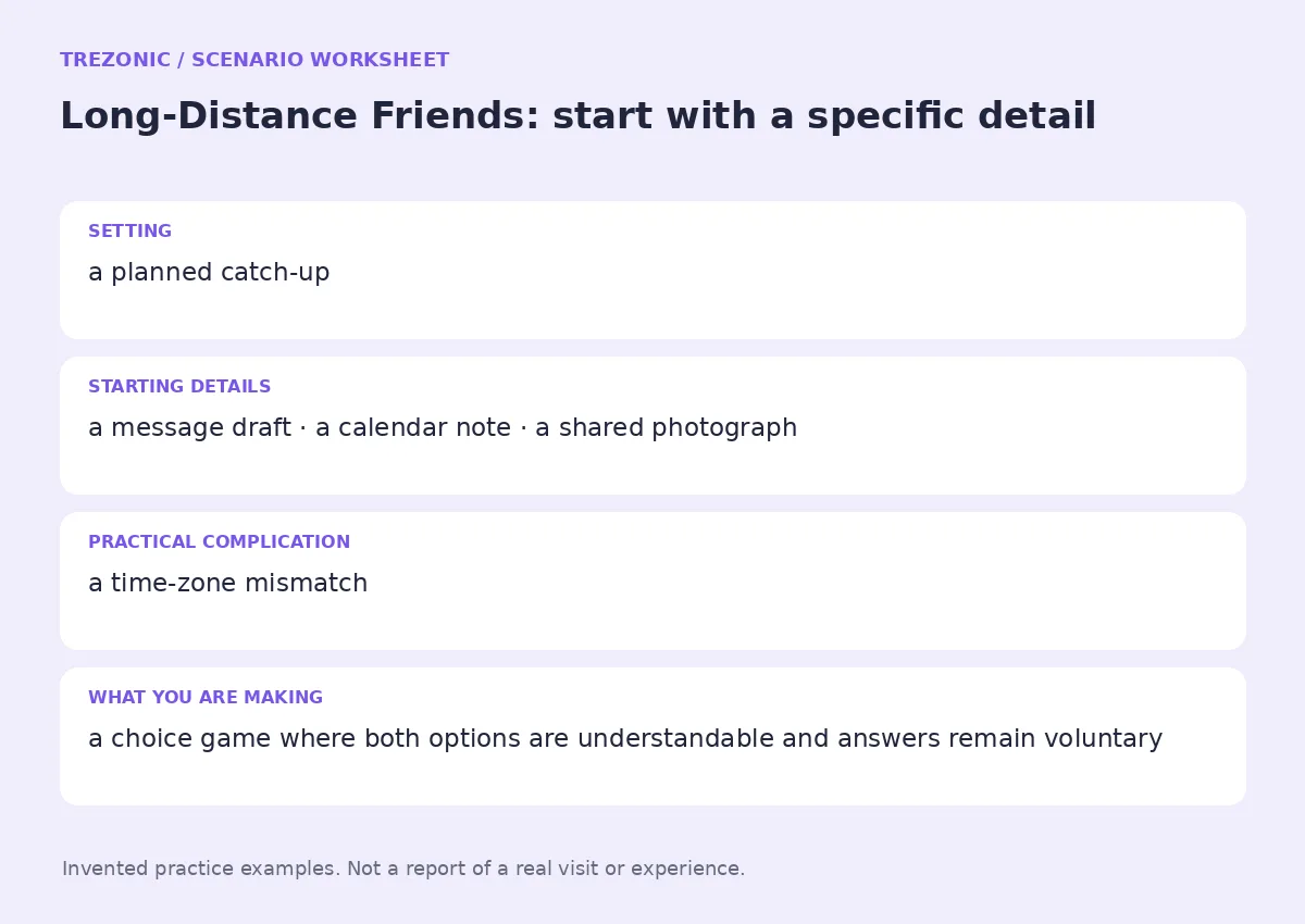 Practice worksheet for Long-Distance Friends: setting, starting details, complication and goal