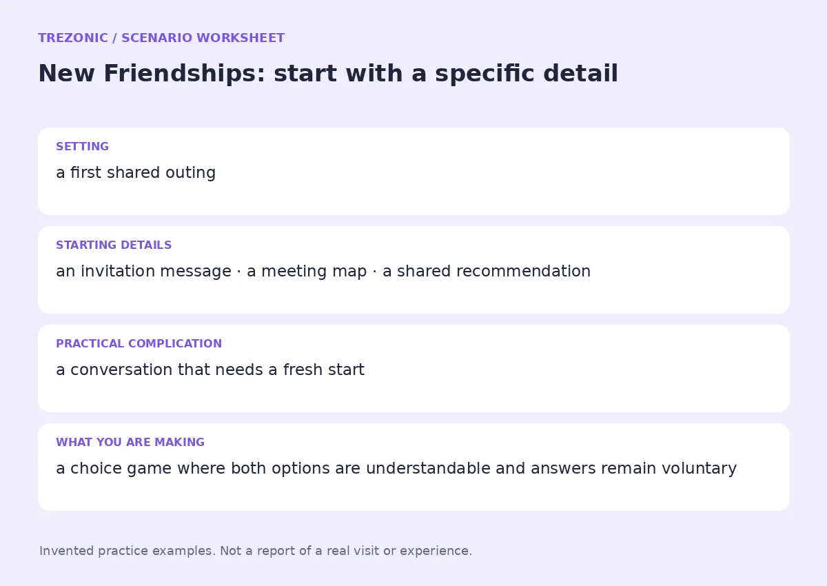 Practice worksheet for New Friendships: setting, starting details, complication and goal