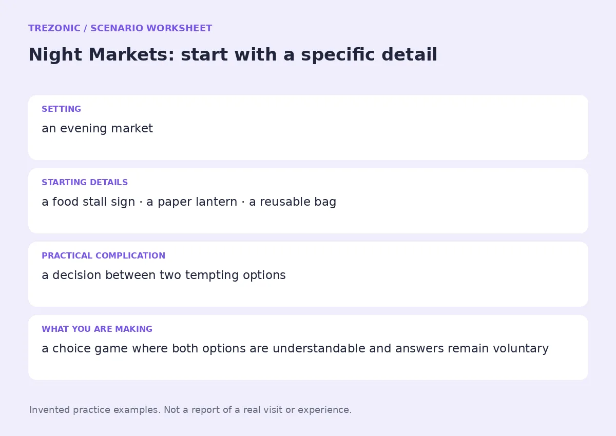 Practice worksheet for Night Markets: setting, starting details, complication and goal