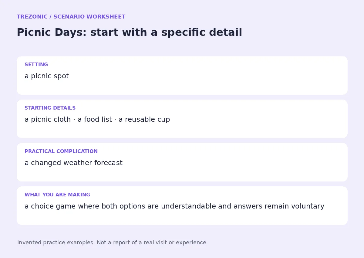 Practice worksheet for Picnic Days: setting, starting details, complication and goal