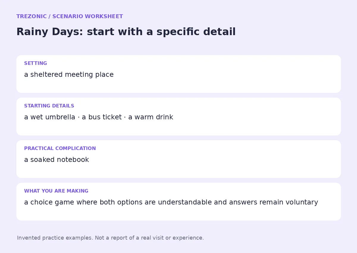 Practice worksheet for Rainy Days: setting, starting details, complication and goal