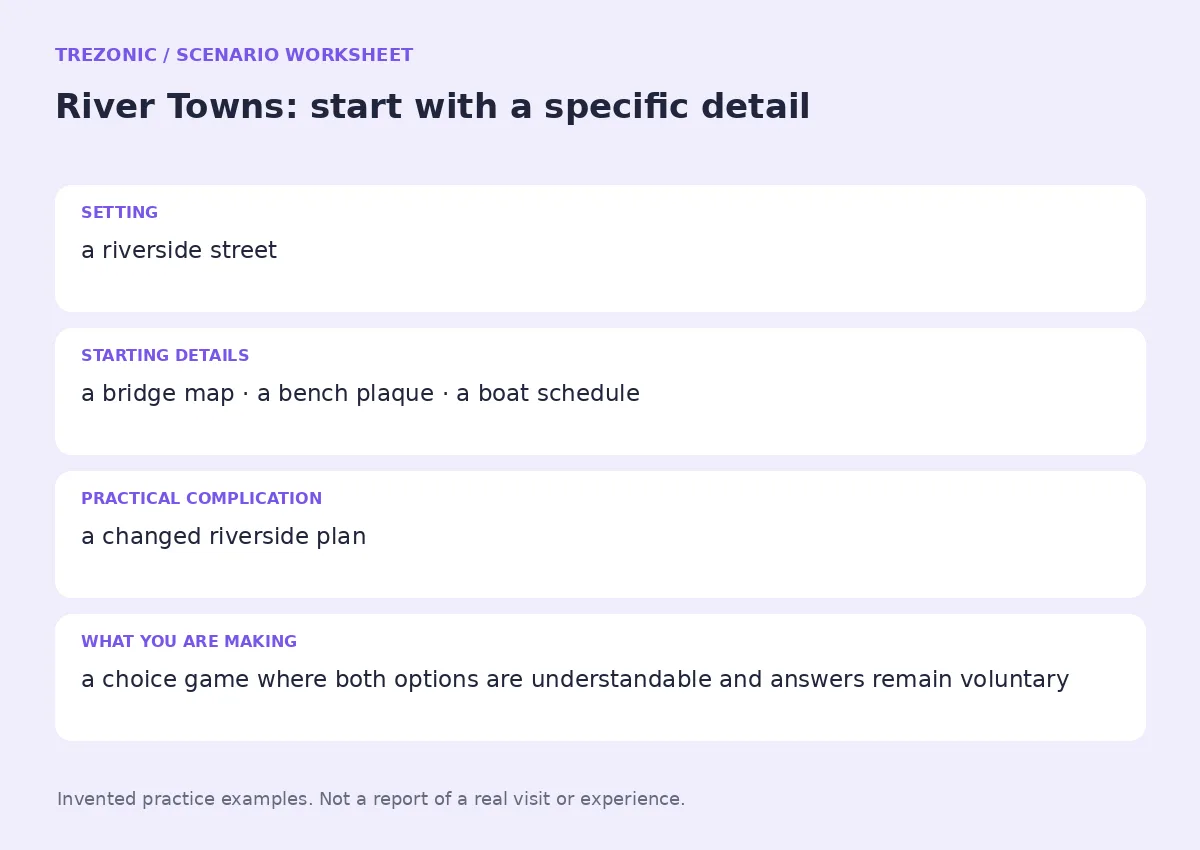 Practice worksheet for River Towns: setting, starting details, complication and goal