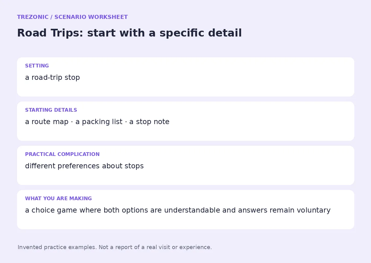 Practice worksheet for Road Trips: setting, starting details, complication and goal