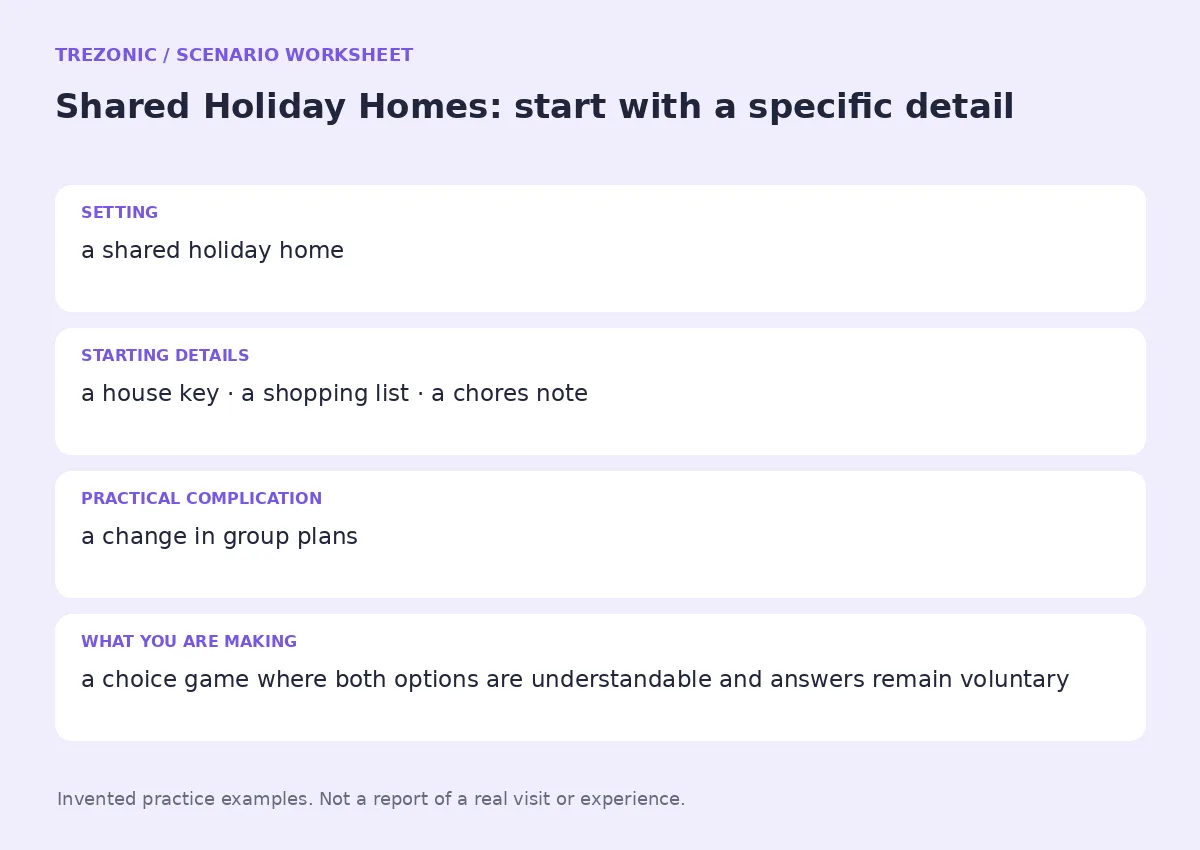 Practice worksheet for Shared Holiday Homes: setting, starting details, complication and goal