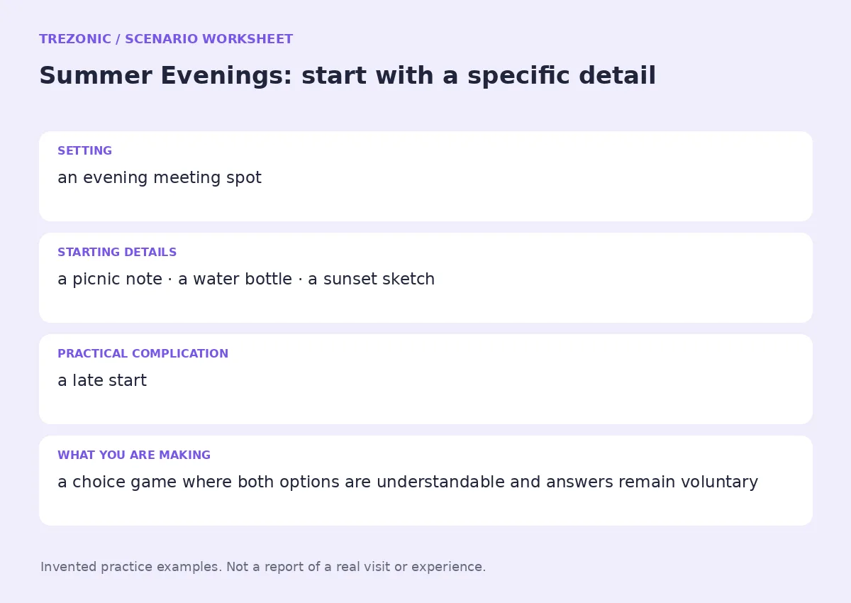 Practice worksheet for Summer Evenings: setting, starting details, complication and goal
