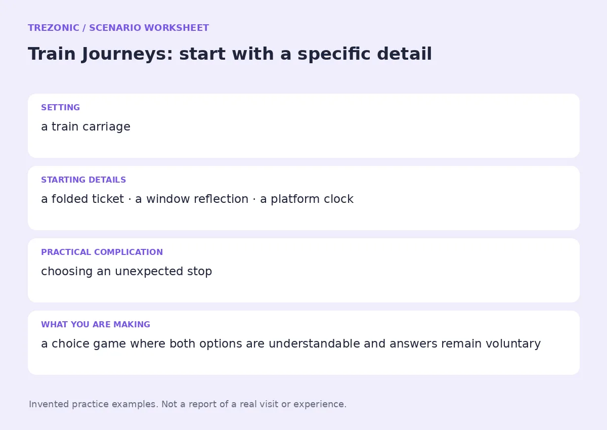 Practice worksheet for Train Journeys: setting, starting details, complication and goal