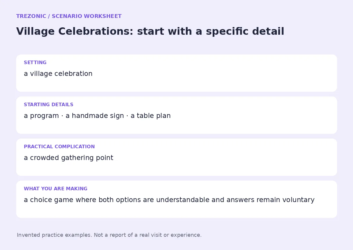 Practice worksheet for Village Celebrations: setting, starting details, complication and goal