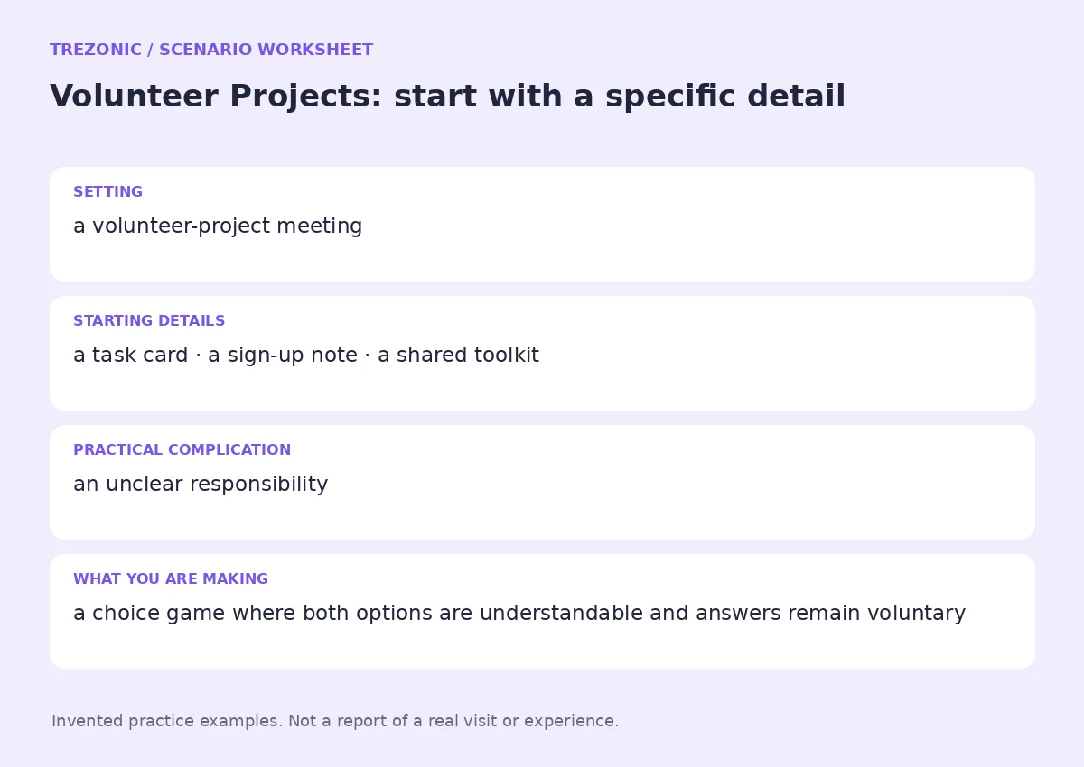 Practice worksheet for Volunteer Projects: setting, starting details, complication and goal