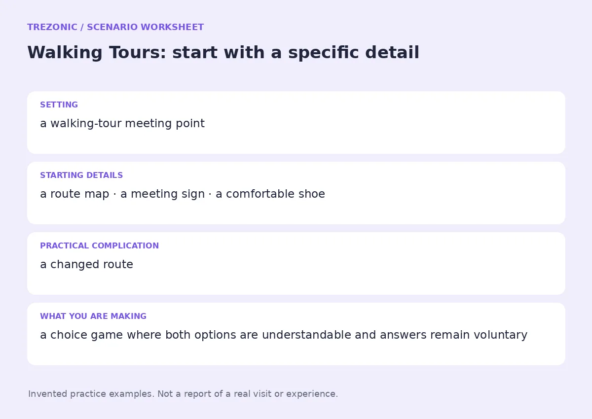 Practice worksheet for Walking Tours: setting, starting details, complication and goal